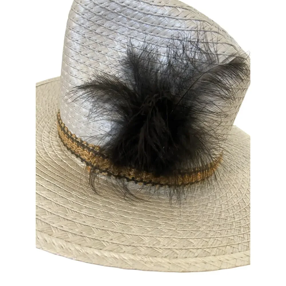 Western Straw Cowboy Hat Sz 6 7/8 Feather Hatband Country Ranch‎ Apache